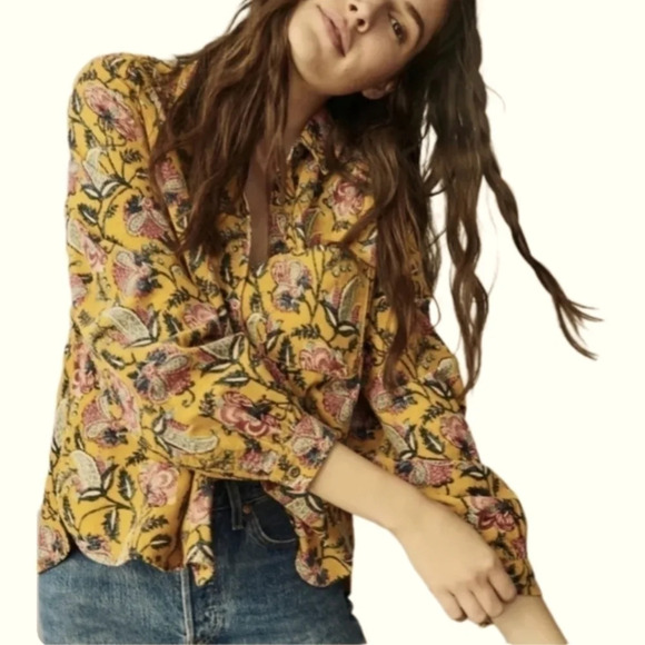 Anthropologie Tops - Pilcro by Anthropologie , Vintage Paisley Floral Gold/Navy, US Women's Small
